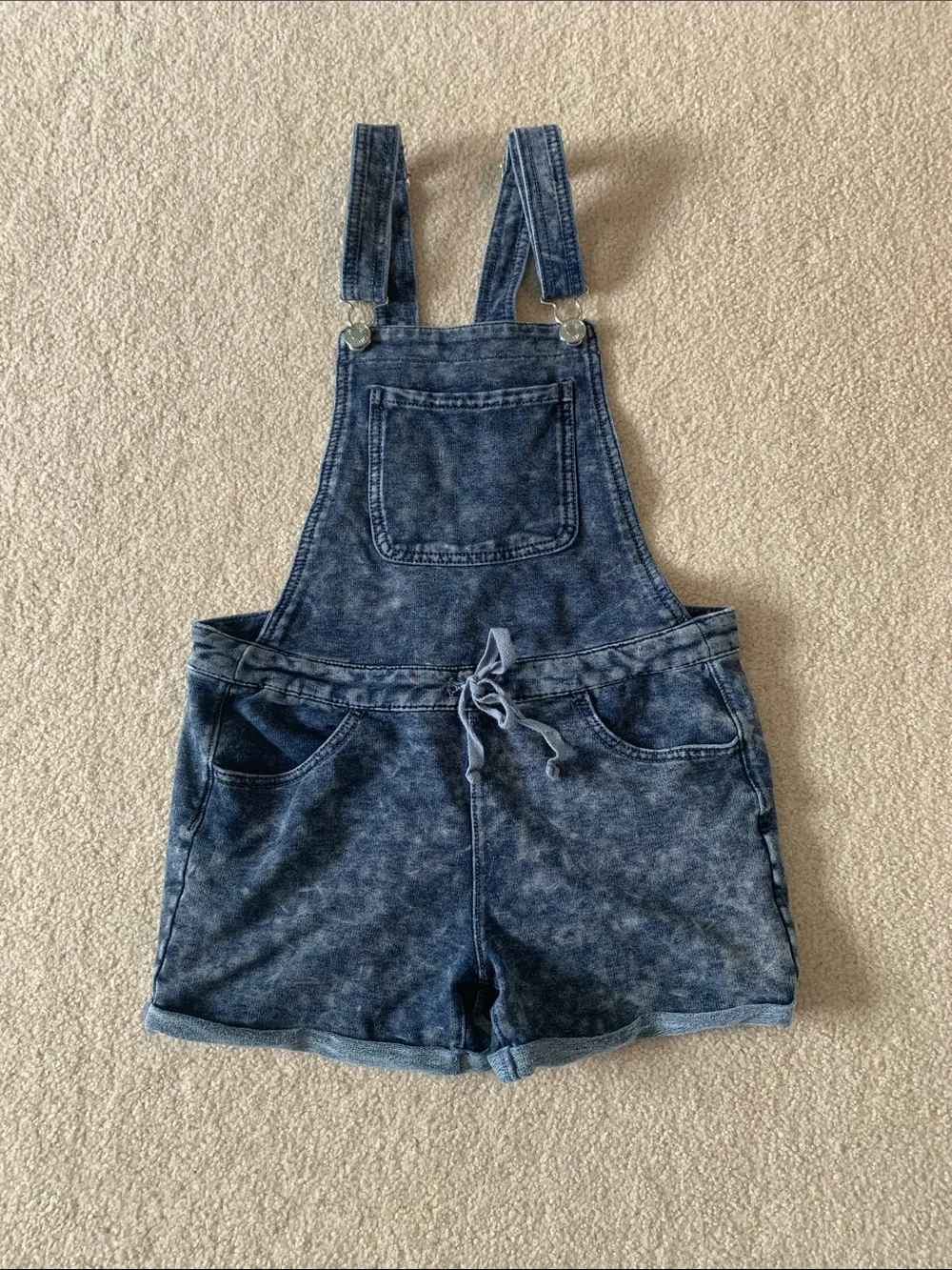Blue Acid-Wash Denim Short Overalls